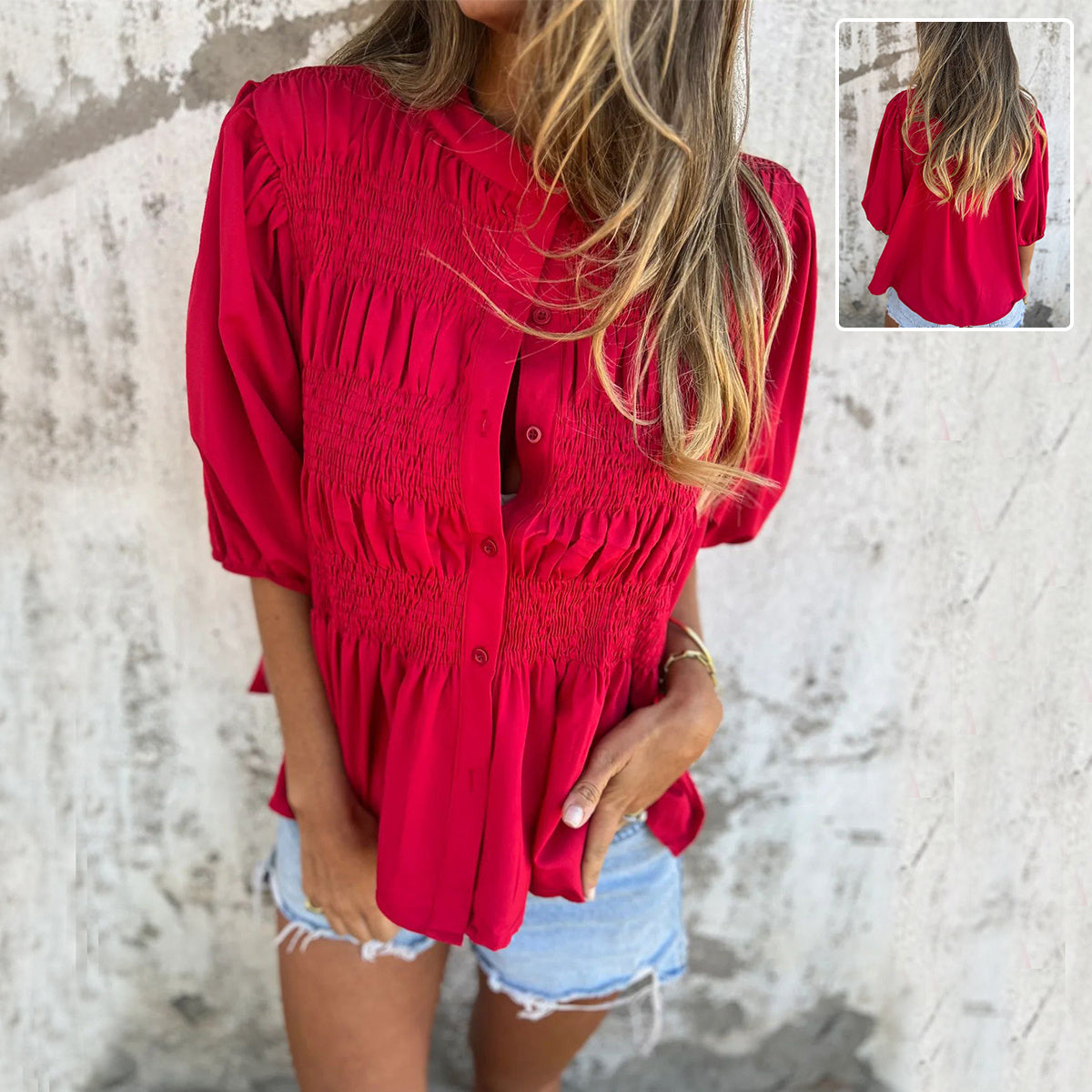 Pleated Button Short-Sleeve T-Shirt - Casual Loose Summer Top