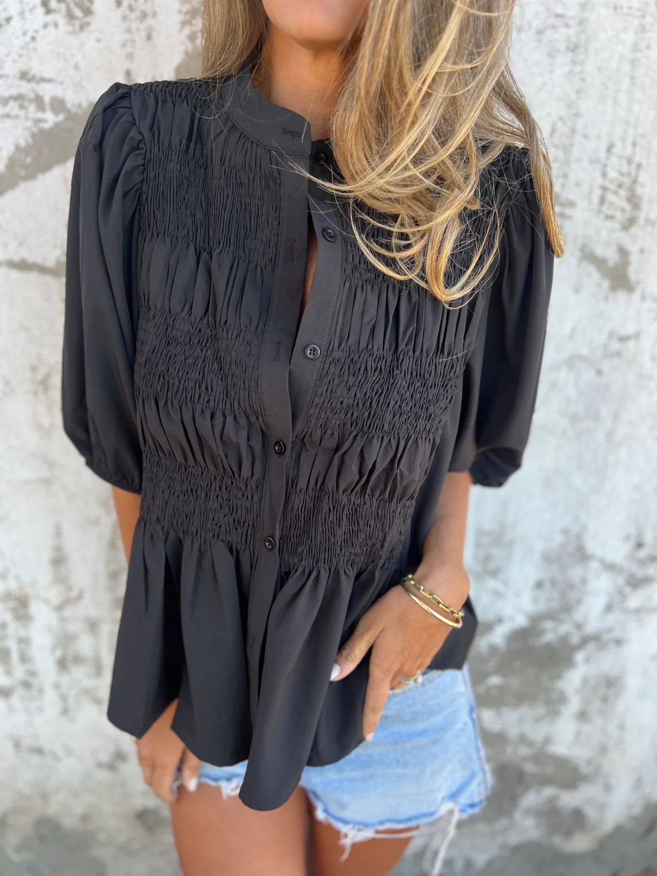 Pleated Button Short-Sleeve T-Shirt - Casual Loose Summer Top