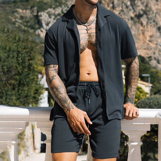 Men's Solid Color Casual Lapel Shirt & Shorts Suit