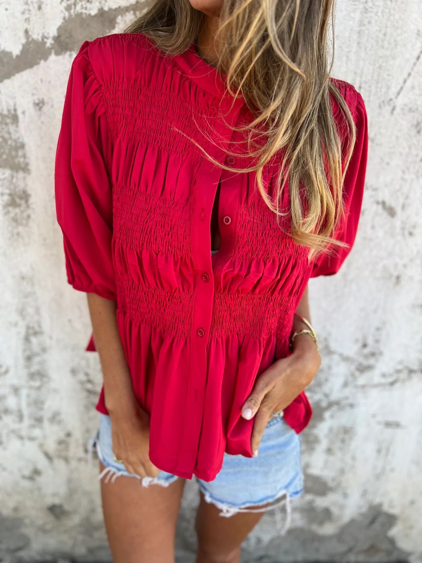 Pleated Button Short-Sleeve T-Shirt - Casual Loose Summer Top