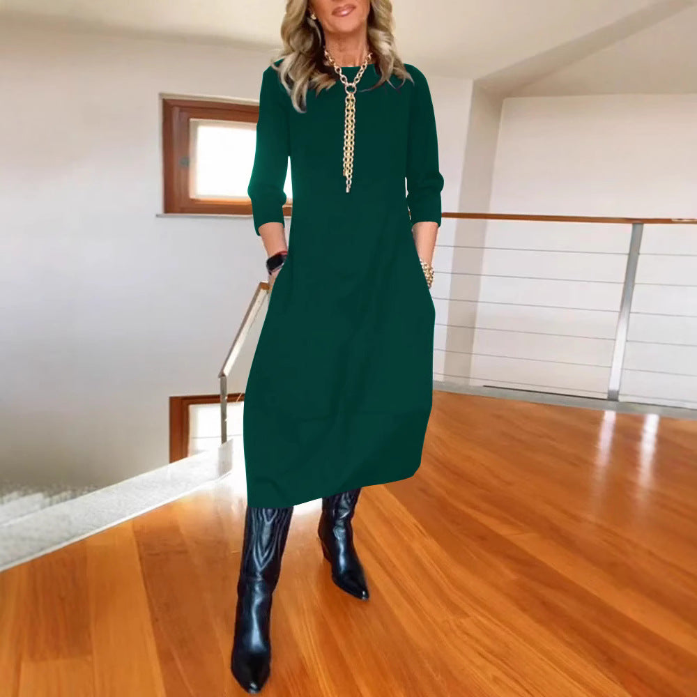 Women's Loose Solid Color Long-Sleeve Dress - Autumn/Winter