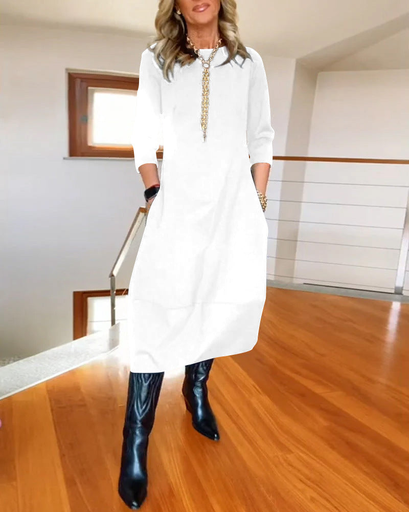 Women's Loose Solid Color Long-Sleeve Dress - Autumn/Winter