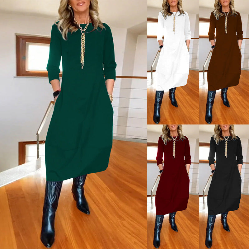 Women's Loose Solid Color Long-Sleeve Dress - Autumn/Winter