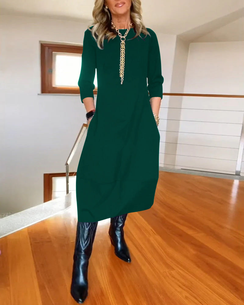 Women's Loose Solid Color Long-Sleeve Dress - Autumn/Winter