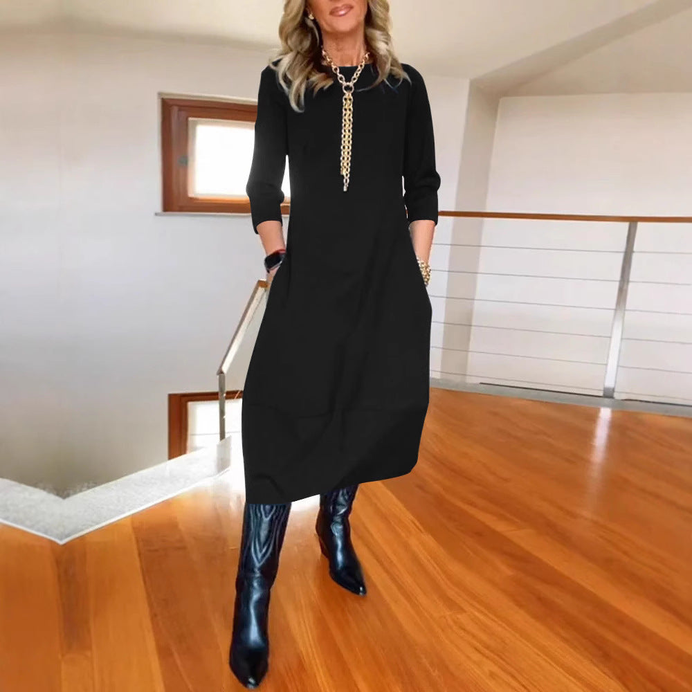 Women's Loose Solid Color Long-Sleeve Dress - Autumn/Winter