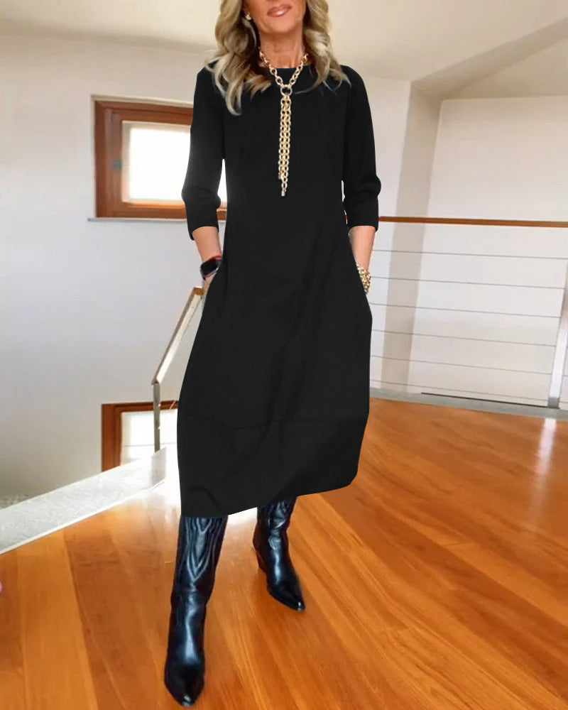 Women's Loose Solid Color Long-Sleeve Dress - Autumn/Winter