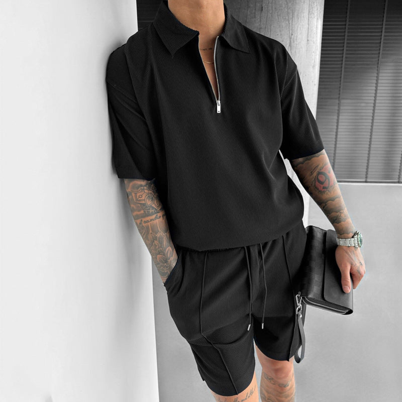 Fashion Mens Clothing Men's Zipper Polo Casual Short-sleeved Shorts Suit