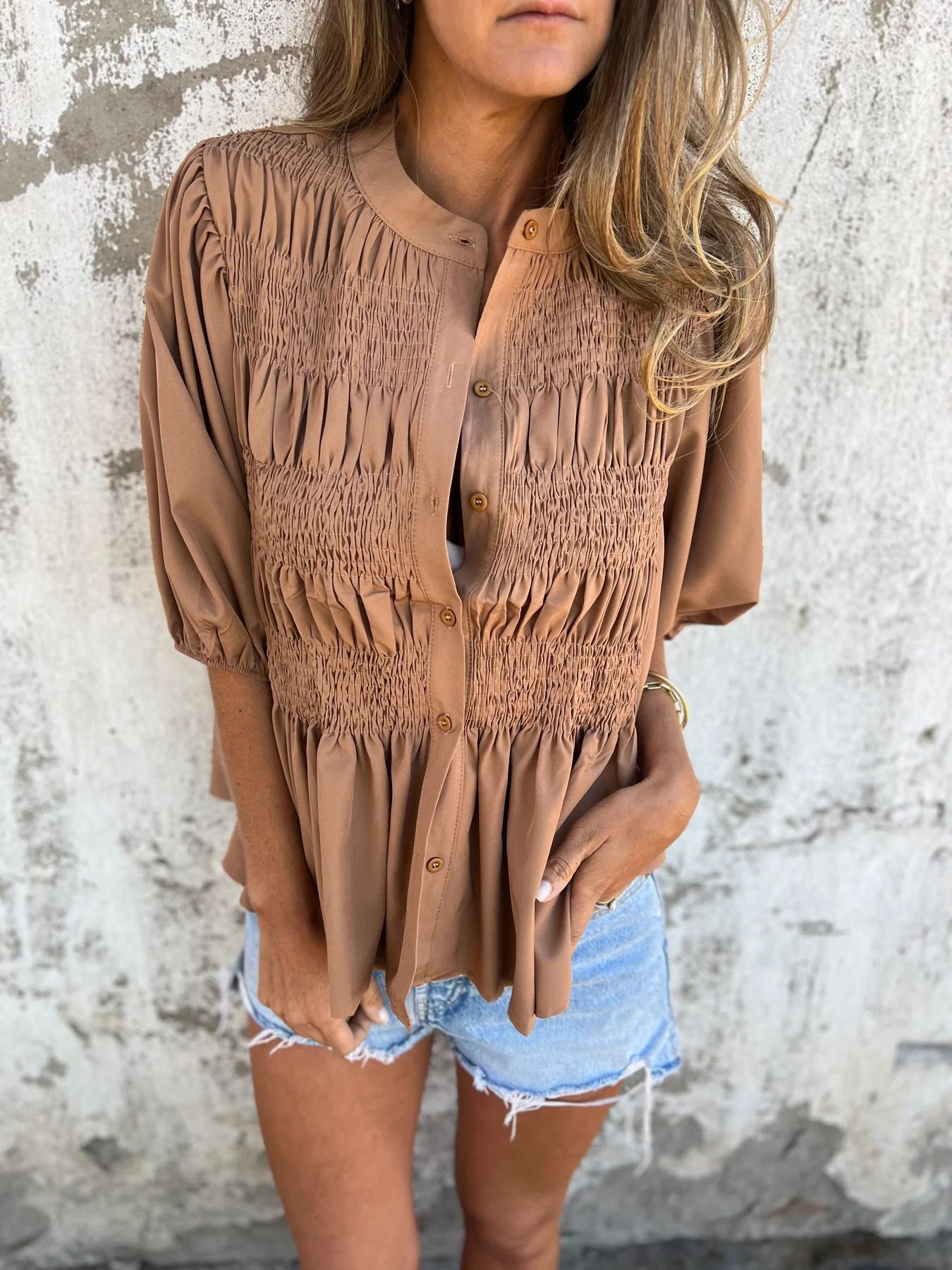 Pleated Button Short-Sleeve T-Shirt - Casual Loose Summer Top